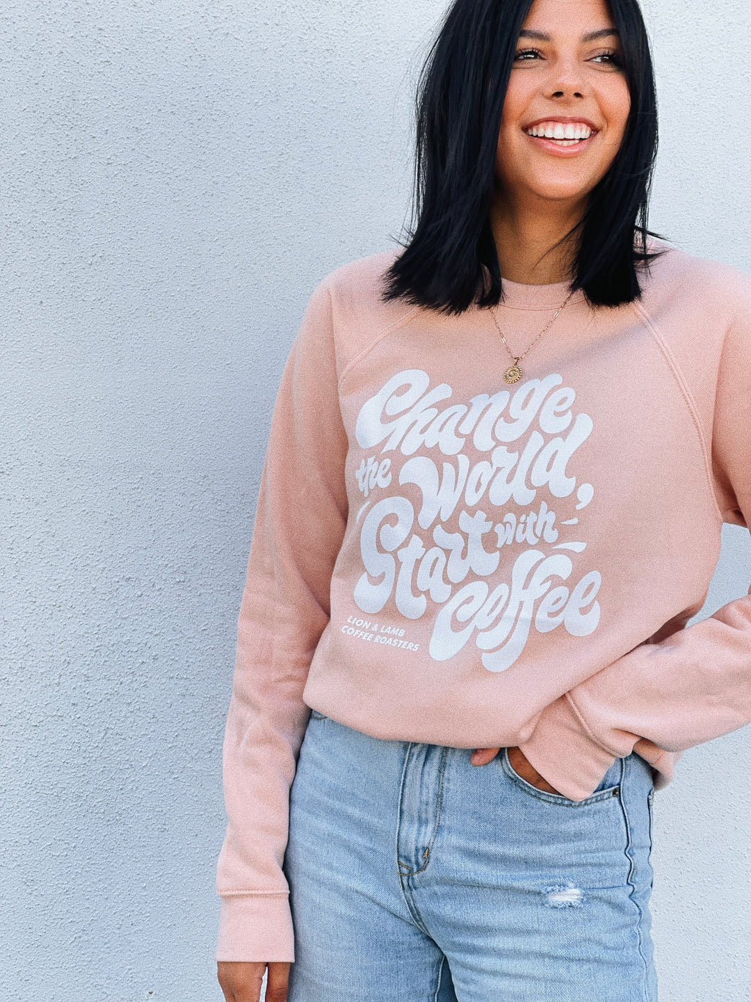 Change the World, Start with Coffee Sweatshirt (Peach)