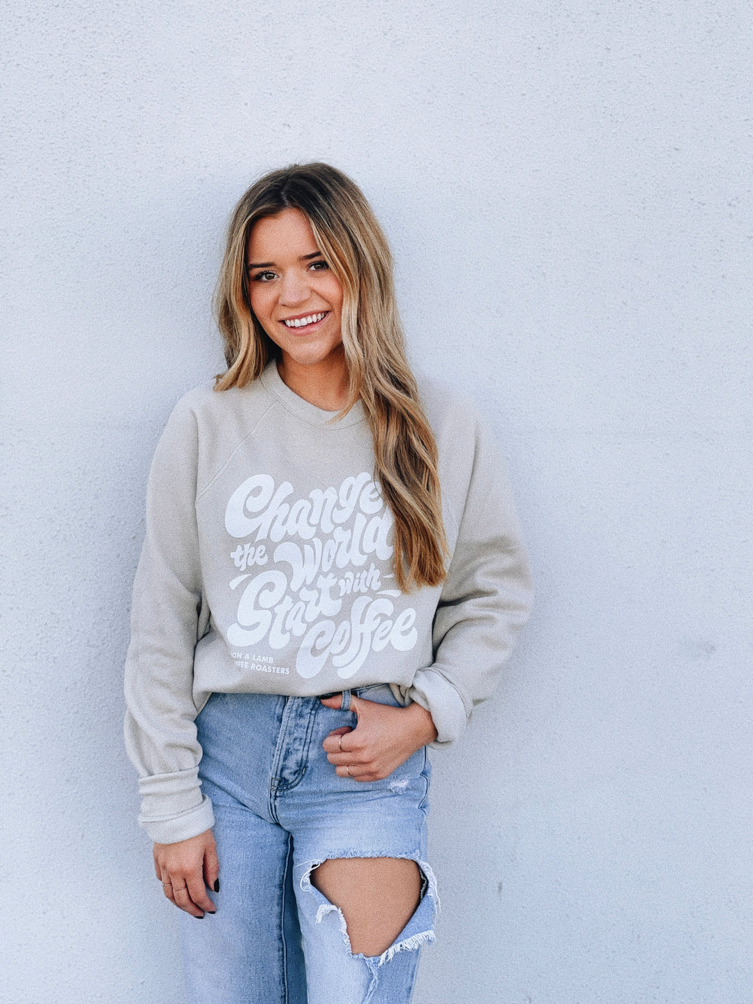 Change the World, Start with Coffee Sweatshirt (Heather Dust)